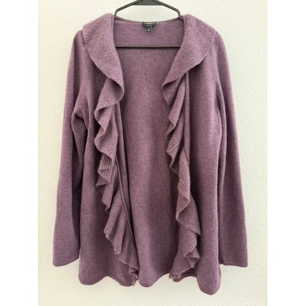 Plum Purple Talbots Cardigan M Floral Ruffle 100% Cashmere Top Fairy Cottage